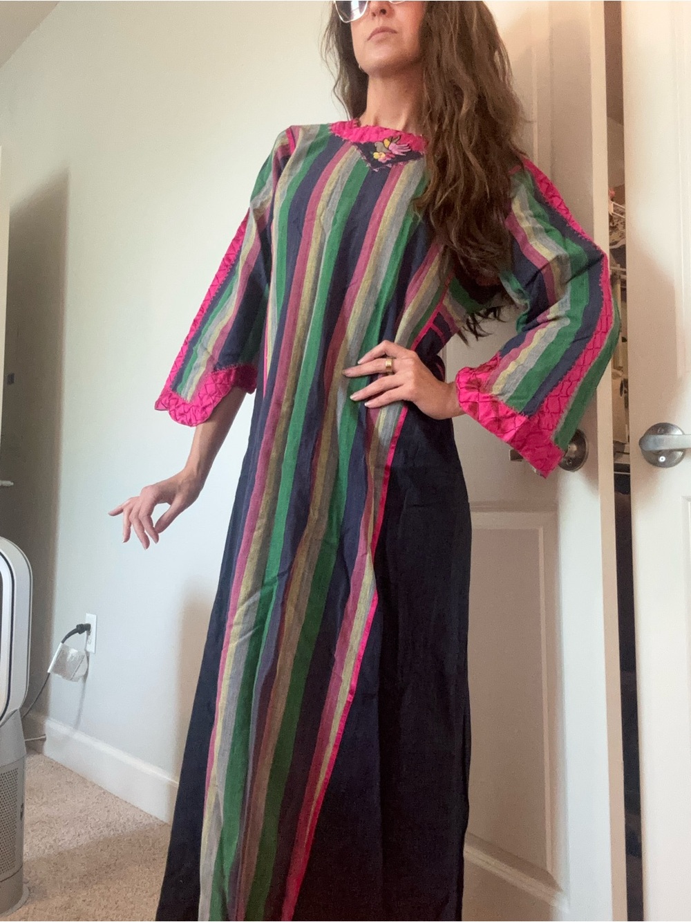 Vintage 60s 70s Josefa Ibarra Diseño Mexico Embroidered Striped Maxi Dress